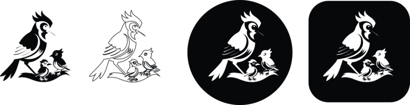 Blue jay with chicks on a branch in multiple styles black and white blue jay bird chick baby bird