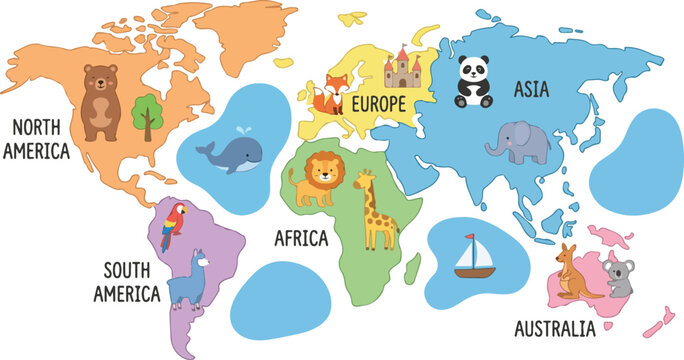 Cute animal map of the world, kids educational geography vector