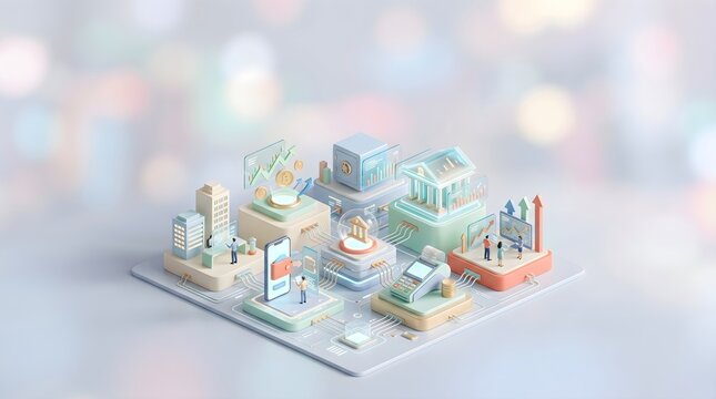 Isometric 3D render of a modern digital banking ecosystem featuring financial technology, online payments, cryptocurrency and investment growth icons
