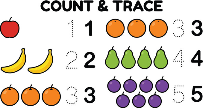 Number tracing practice worksheet with counting fruits for kindergarten