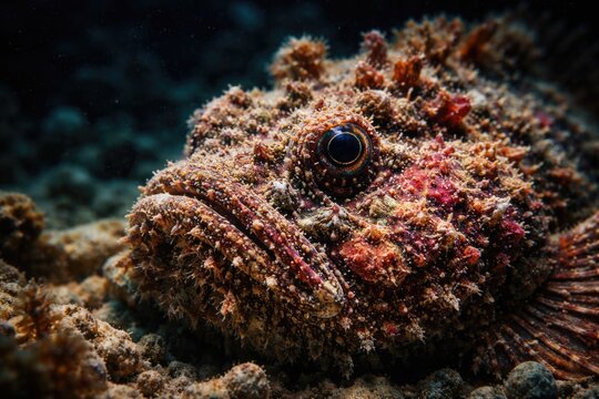 Macro shot of warty Synanceia verrucosa underwater with copy space