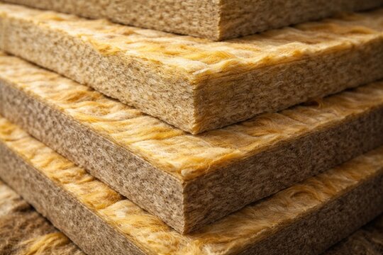 Close up of mineral wool insulation panels with multiple layers of textured rock and glass wool