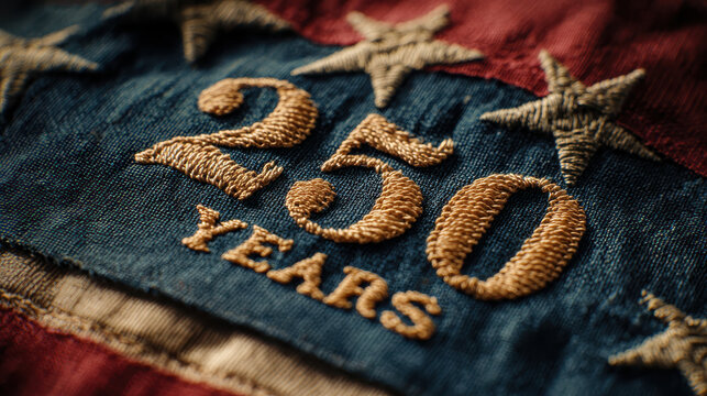 Detailed close up shot of an american flag with embroidered numbers showing two hundred and fifty years for the 1776 to 2026 independence celebration