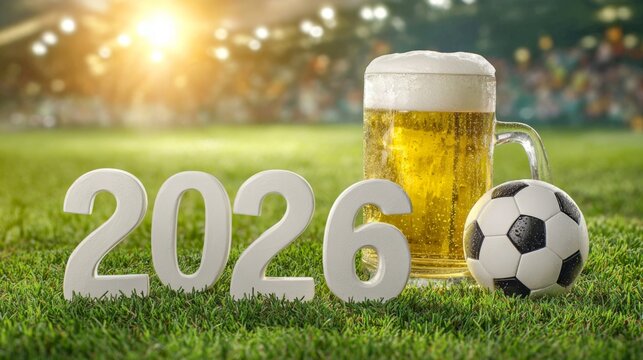 Fu&szlig;ball Weltmeiserschaft WM 2026  - Fu&szlig;ball und Bierkrug auf Rasen im Stadion auf dem Spielfeld