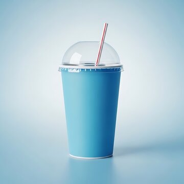 Light blue paper cup with a plastic dome lid and a straw for cold drinks. fountain soda cup