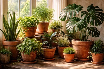 Fototapeta premium Various indoor plants thriving in natural clay pots