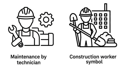 Naklejka premium Line art depicting construction worker and maintenance technician symbols with tools