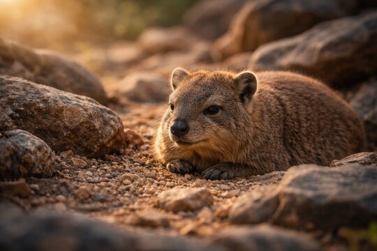 Peaceful Procavia Capensis resting on rocky ground to avoid harm