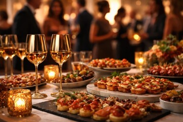 Fototapeta premium Refined event setup with golden wine glasses and an assortment of appetizers on table with guests blurred behind