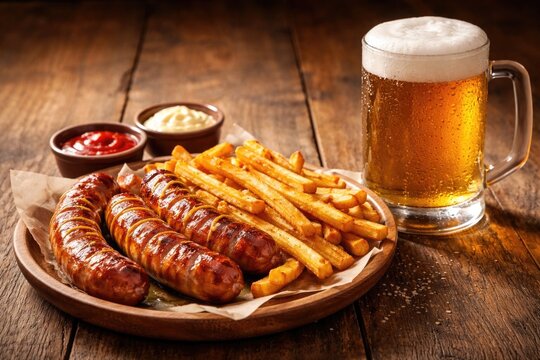 Tasty fried sausage and golden fries next to a cold beer glass on a natural wooden table with copy space