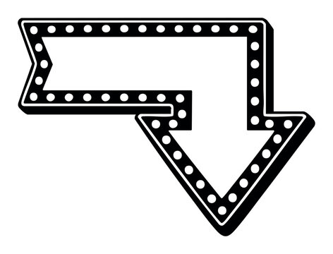 Vintage marquee arrow sign with lightbulbs, creating a retro glow effect for advertising, direction, or showbiz themes