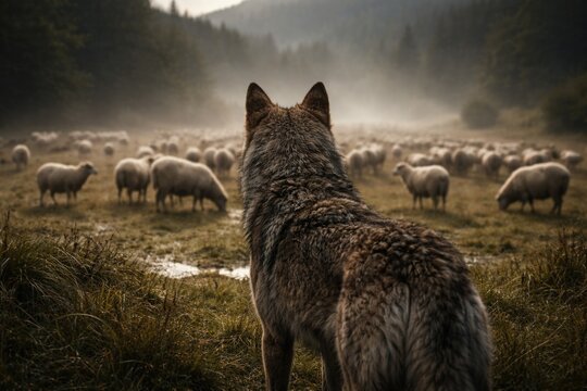 Wild wolf seen from behind monitoring a scattered sheep group