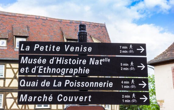 Tourist sign in the historic old town of Colmar, France
