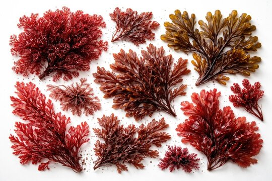 Variety of red fucus and dyers fucus seaweeds displayed on white surface