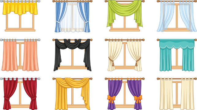 Window Curtain Set with Various Styles and Colors Including Drapes, Valance, and Sheer Panels for Interior, Home Decor, and Architecture Design Projects