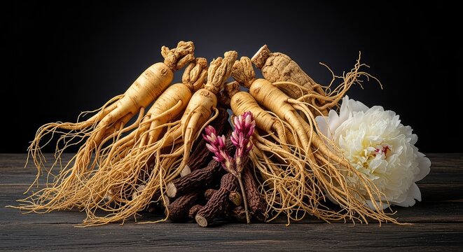 A still life arrangement of ginseng, codonopsis, astragalus, and white peony roots resting closely together on a rustic dark wood surface, preparation, healing, white peony