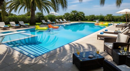 Obraz premium Luxurious outdoor swimming pool with palm trees and lounge chairs on a sunny day.