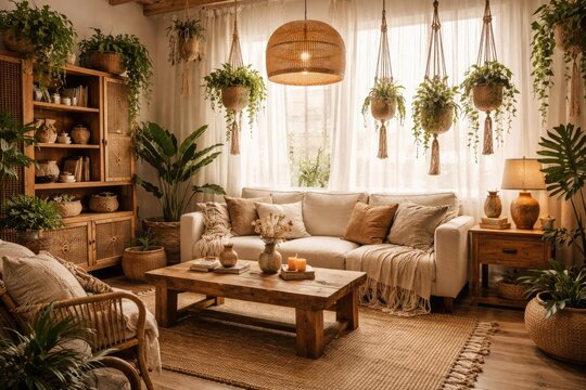 Boho style living room with wooden furniture and intricate macrame plant hangers