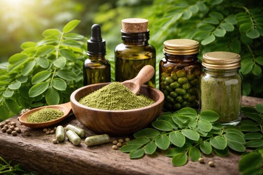 Nutritional health supplements featuring green moringa herbal plant with natural leaves