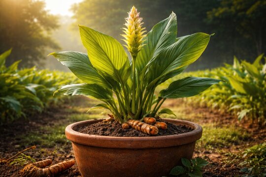 Vibrant turmeric plant potted on farm emphasizing natural defense against free radicals
