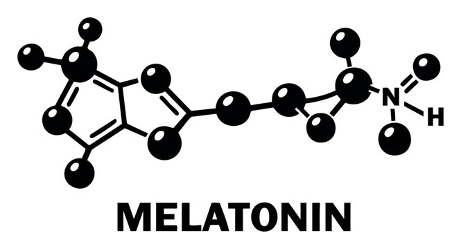 Melatonin molecule schematic for biochemistry, medicine, and wellness concepts. Showing chemical formula for sleep aid and natural hormone