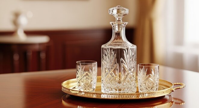 An exquisite crystal decanter sits alongside ornate vintage glassware on a polished golden tray, reflecting light in a luxurious setting, liquid, upscale, interior