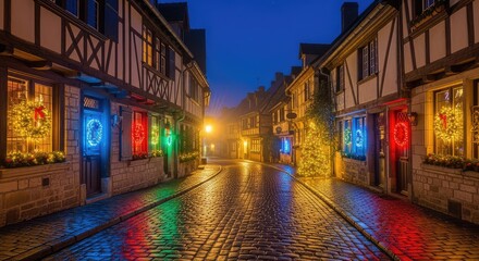 Fototapeta premium Charming cobblestone street in an old European village at night, featuring historic houses adorned with glowing holiday lights and wreaths, cobblestone, picturesque, wood