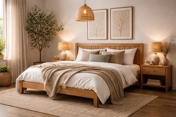 Fototapeta premium Trendy bedroom setup with wooden bed, blanket, pillow, and natural decor elements