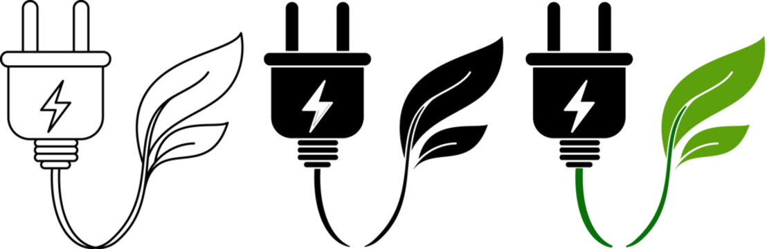 Electric Plug Green Leaf Logo. Eco Friendly Energy Concept Vector Illustration