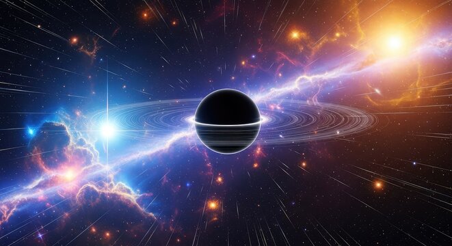 Dark gravitational singularity warping light from a distant star against a vast cosmic background filled with nebulae and glowing dust, singularity, stellar, accretion