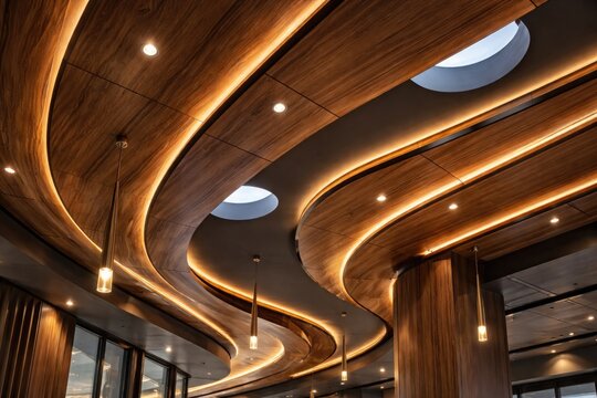 Architectural ceiling with wood accents and subtle lighting effects