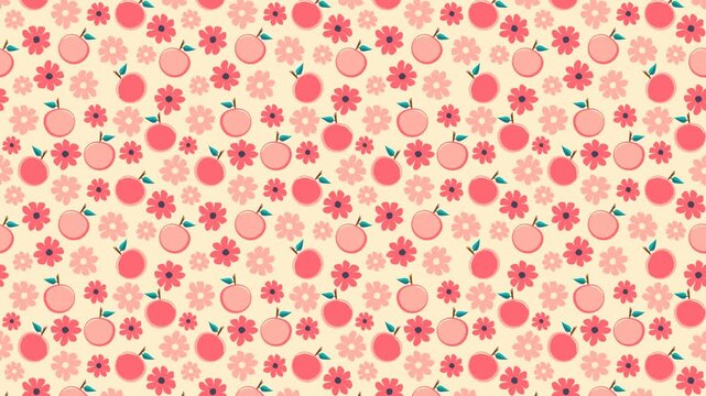 Video of seamless pattern with pink apples and flowers on light yellow background. Could be used as wallpaper, texture, print, fabric.  