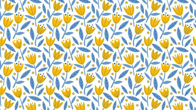 Video of seamless floral pattern with yellow flowers with blue leaves and stems, with decorative circles on white background. Could be used as wallpaper or background for any content, loops continuous