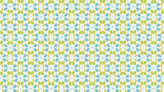 Video of seamless floral pattern with green and blue leaves and little oranges in square shapes with blue lines on white background. Could be used as wallpaper or background for any content, loops.