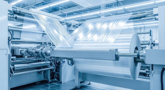 Industrial machinery extrudes clear plastic film in a bright factory, winding transparent layers onto a large roll for packaging purposes, plastic, shipping, texture