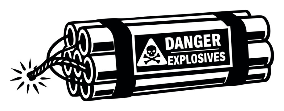 Bundle of explosive dynamite with skull and crossbones warning label, fuse lit and ready to explode. Displays imminent danger and risk