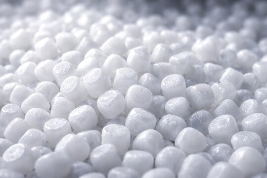 Macro shot of white polymer granules showing surface texture and industrial material properties
