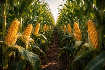 Fototapeta premium Rows of towering maize plants laden with nutritious starchy seeds in farmland