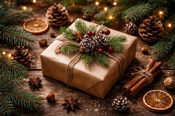 Naklejka premium Seasonally wrapped gift decorated with pinecones and conifer branches on rustic wood table for holiday festivities