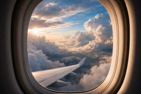 View from plane window capturing dynamic clouds and serene sky during flight