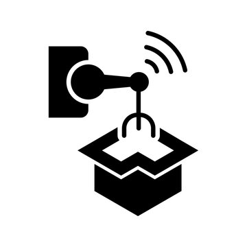 Robot arm icon. Industry and industrial automation filled symbol. Black and white.