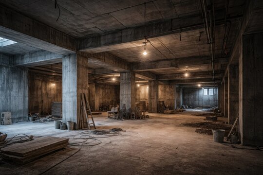 Spacious basement construction featuring exposed concrete surfaces