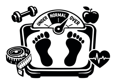 Image of a weight scale displaying a normal reading, flanked by a dumbbell, apple, measuring tape, and heart rate monitor