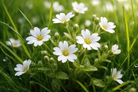Close up view of Mouse ear Chickweed petals flowering in lush green grass in May