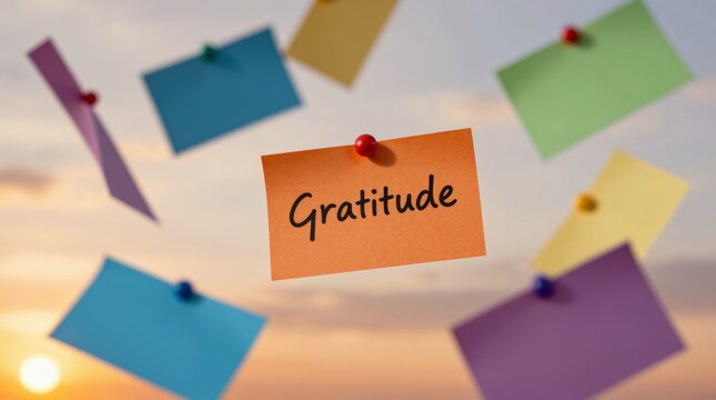 A vibrant array of notes expressing gratitude floats in a sunset sky, symbolizing appreciation and positive reflection. Ideal for motivation and mindfulness themes.
