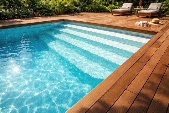 Swimming pool fiberglass steps with clear water and surrounding teak deck in sunny summer setting with empty text area