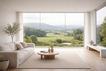 Fototapeta premium Minimalist white interior capturing calming panoramic views of verdant rural landscape