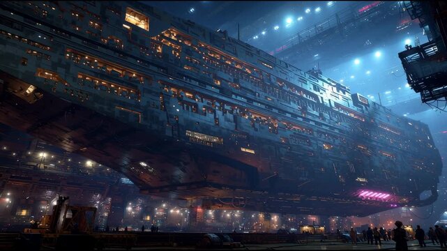 Explore the abandoned hulk floating in space as shadows play across its surface and distant lights create a haunting atmosphere of lost journeys.