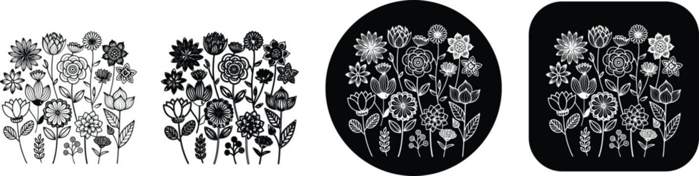 Assorted floral set black and white outline and solid fill variations flowers