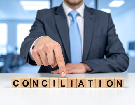 conciliation - Geschäftsmann zeigt auf den Text "conciliation"